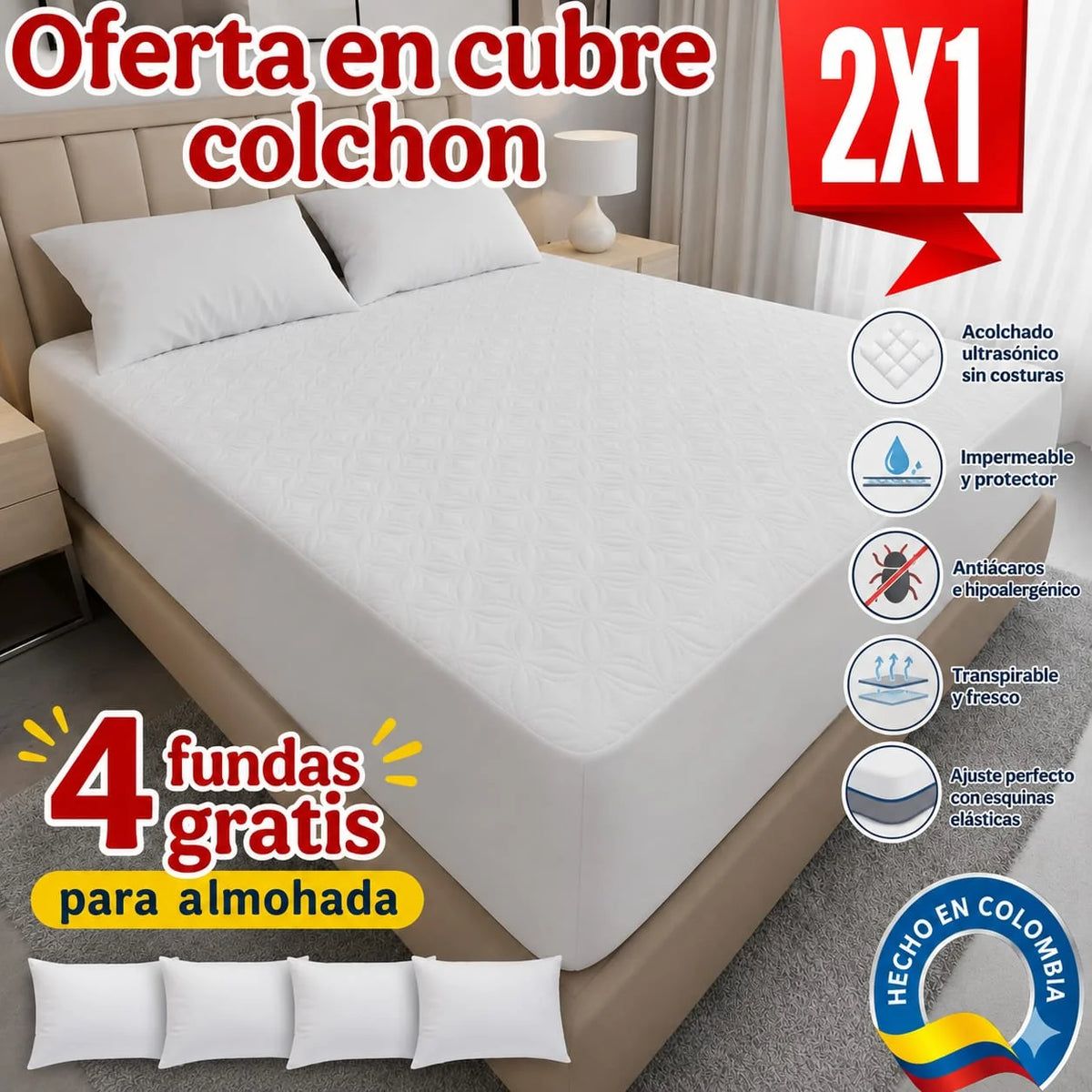 PROMOCION EN CUBRE COLCHON PAGUE 1 LLEVE 2 +4 fundas de Almohada